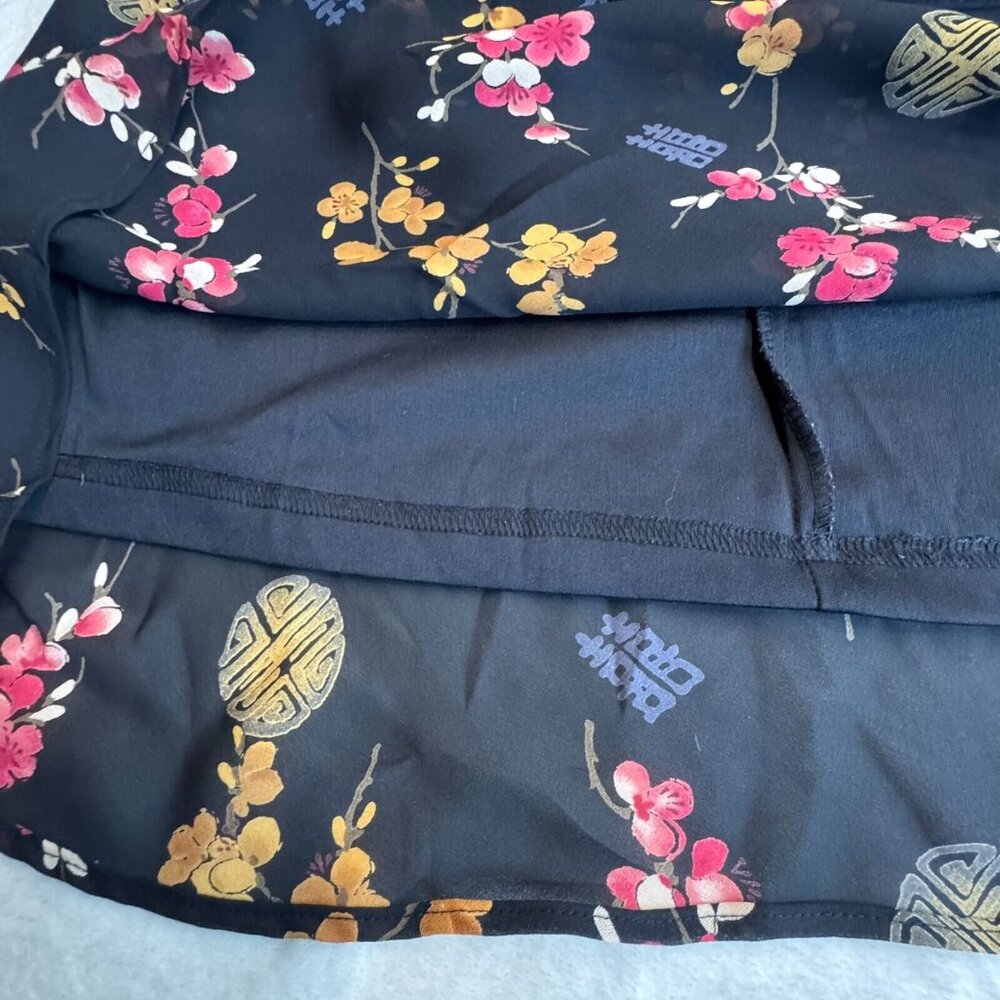 Floral Women's Maxi Lined Skirt Small Oriental Elastic Waist Lined Black Red Ylw - Picture 7 of 7